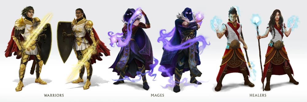 Les tres classes d'heroi de Classcraft: Guardià, Curandere, i Mag